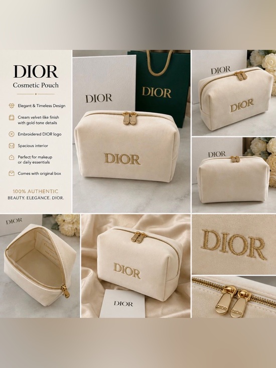 Dior Handbags - Dior Cream Velvet Cosmetic Pouch with Gold Logo